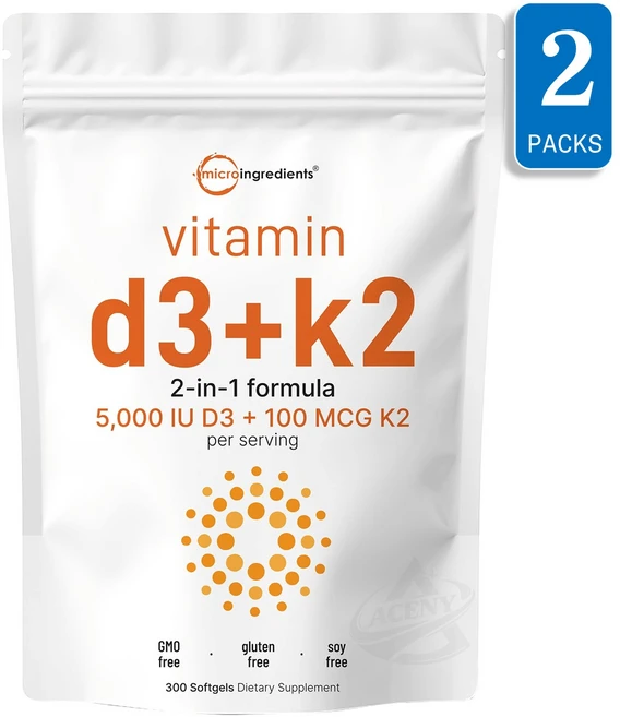 Micro Ingredients 비타민 D3+K2 5000IU D3 + 100mcg K2-MK7 300소프트젤 2팩, 2개, 300정 - 쿠팡