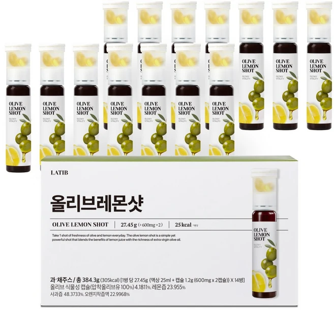 라티브 올리브레몬샷 올레샷 유기농 엑스트라버진 올리브오일 캡슐, 14개, 25ml - 쿠팡