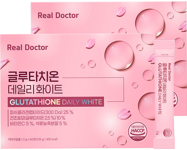 리얼닥터 글루타치온 데일리 화이트 2g*60포 (2개월분) / 1포당 300달톤 콜라겐 맛있는 글루타치온 고함량 면역 피부미백 백옥피부 저분자콜라겐 히알루론산 엘라스틴 피부탄력, 2박스, 60회분