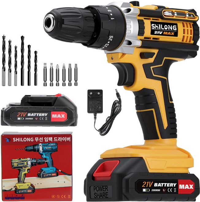 SHILONG 21V 가정용 전동 드릴 무선 드라이버 2000mAh 배터리1개 풀세트 가족 세트, 황색