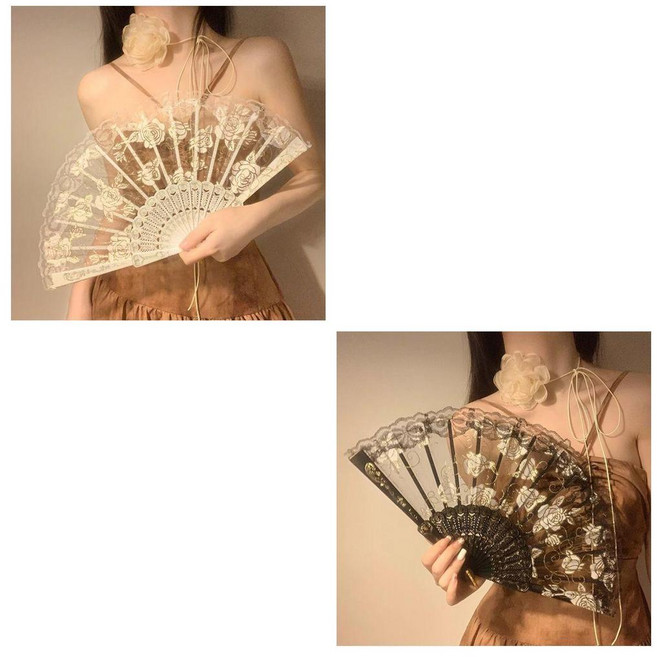 good 式蕾絲玫瑰扇子仙女摺扇舞蹈專用古風摺疊國風馬面裙