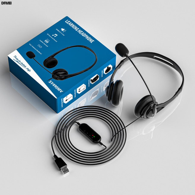 SOYTO SY490MV 頭戴式耳機，具備降噪麥克風與USB/3.5mm雙介面，適用於線上學習與辦公, SY490MV雙耳黑USB耳機帶包裝, 如圖