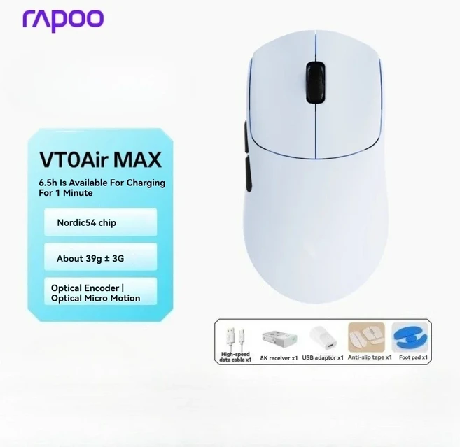 Rapoo VT0 Air MAX 게이밍 마우스 PAW3950 8K 인체공학적 경량 맞춤형 무선 듀얼 모드 E-스포츠 액세서리, 01 VT0Air MAX Blue