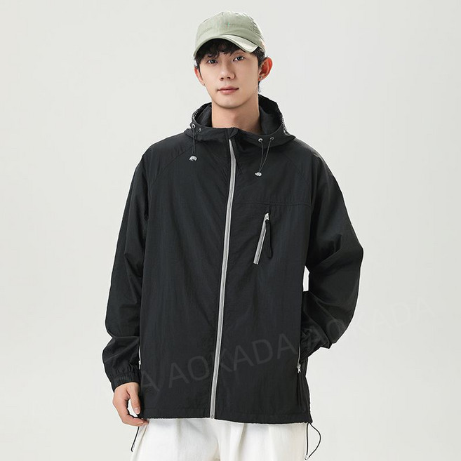 AOKADA 남녀공용 여름 쿨링 아이스 바람막이 자와선차단 윈드브레이커 후드 집업 경량 등산복 윈드러너 낚시 점퍼, 블랙