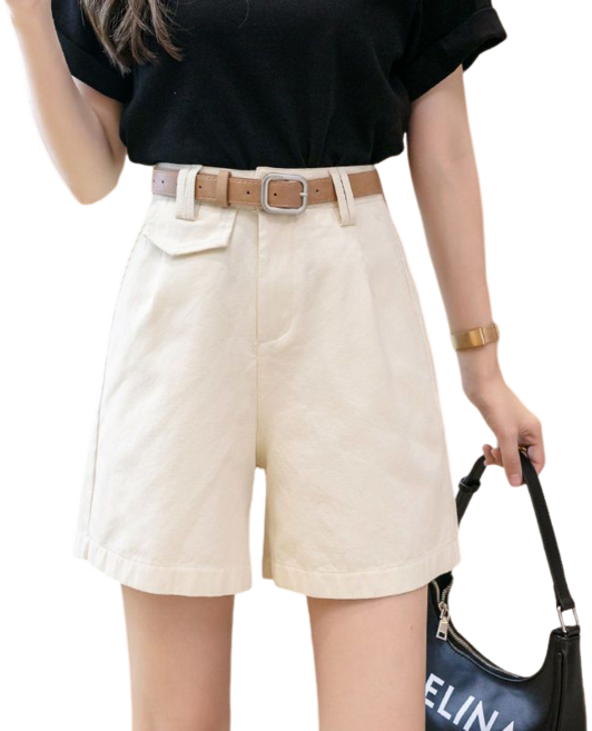여성용 하이웨스트 루즈핏 캐주얼 5부 정장 반바지 벨트 장식