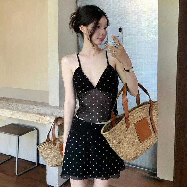 PAKCHOICE 여성 블랙 도트 투피스 수영복 세트