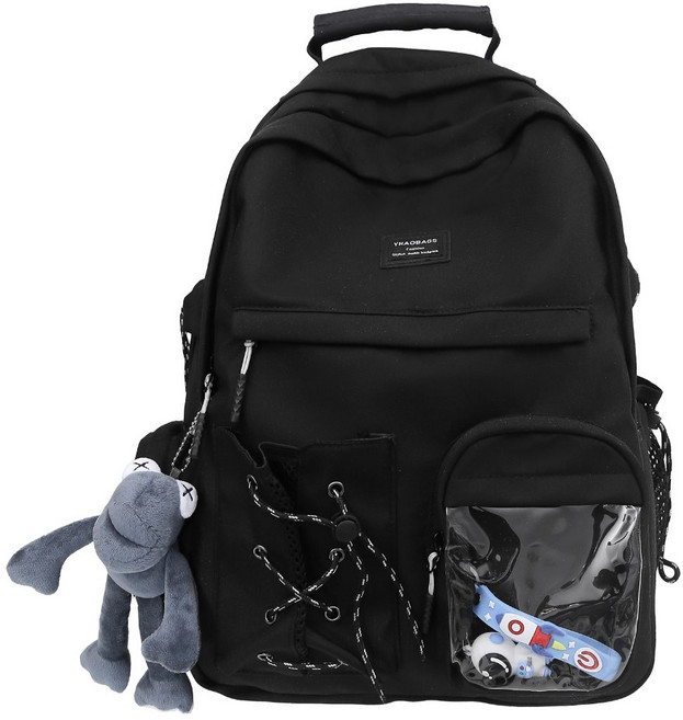 雙肩背包 大容量學生書包 防潑水後背包 透明前袋包, 墨玉黑