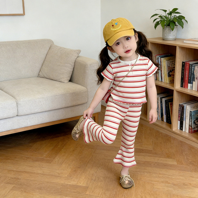여아용 줄무늬 반팔 티셔츠 긴바지 상하복 세트