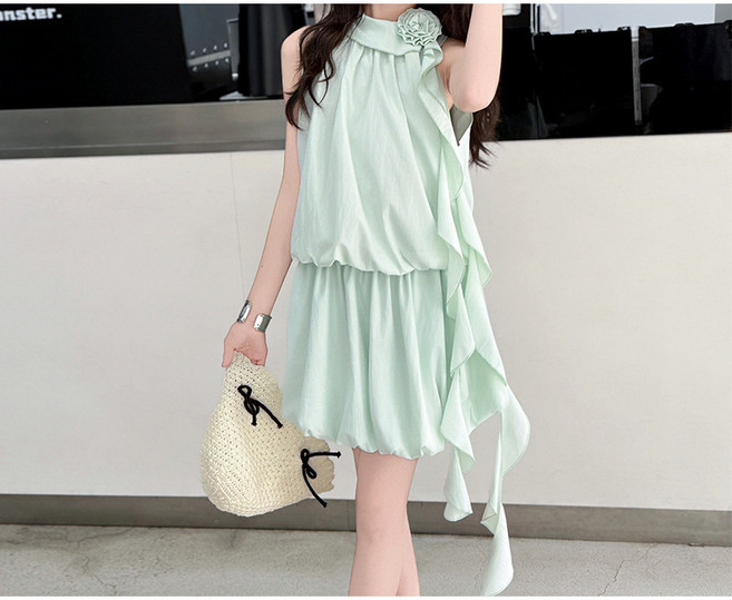 해피유통 우아한 노 sleeveless 꽃 장식 원피스 상큼한 심플 스타일 디자인14세 이상