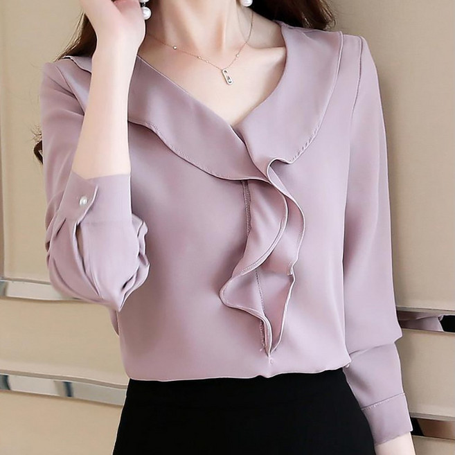 ROYALBELLE 여성 브이넥 프릴 장식 긴팔 루즈핏 캐주얼 쉬폰 블라우스 R0030207