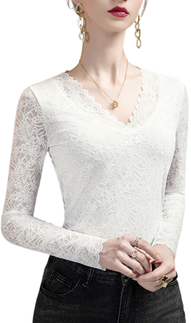 댄스복 상의 라인댄스복 브이넥 레이스 긴팔 펀칭 수술 여성 티셔츠 Women's T-shirt 뉴타임즈