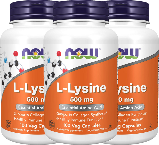 NOW Foods 左旋離胺酸素食膠囊 500mg, 100顆, 3罐