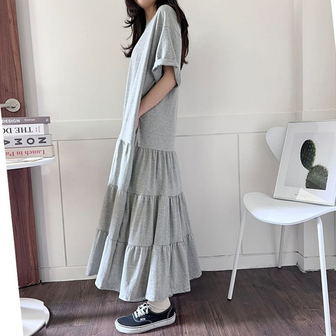 코튼 캉캉 여름 반팔 빅사이즈 롱 원피스 드레스 V435