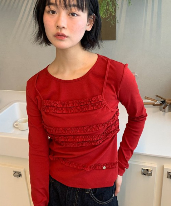 RONRON FRILL LAYE레드 LONG SLEEVE T 셔츠 레드