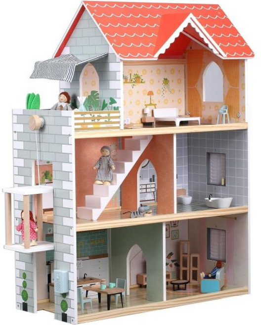 하페 유아용 아동용 나무 인형집 가구 세트 가족 인형 4개가 있 36pcs 액세서리 남자 아이와 유아 위 장난감 가장하다 3Y+, Dollhouse