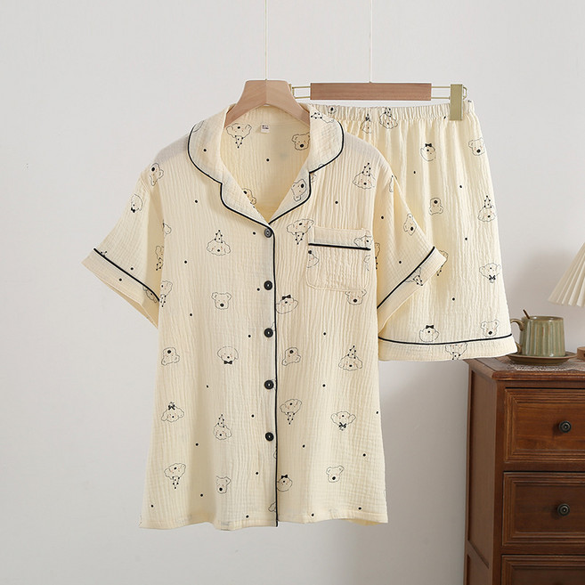 거즈순면 귀여운강아지 부드러운 여성 반팔 반바지 잠옷세트 반팔반바지 파자마