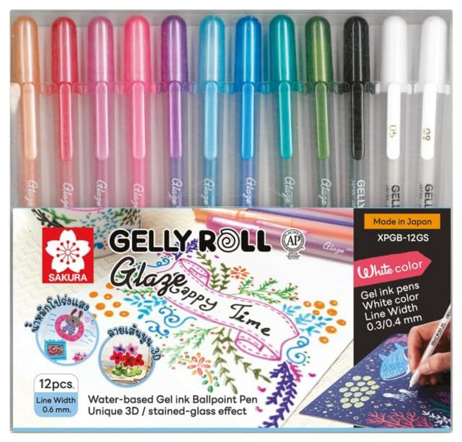 SAKURA サクラクレパス Gelly Roll Glaze 젤리롤 글레이즈 12색 세트 XPGB-12GS 3D 젤 잉크펜, 1개, 멀티컬러