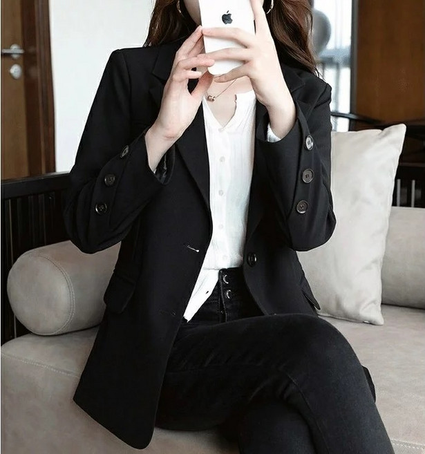 shiny藍格子修身顯瘦長袖西裝外套 時尚百搭OL通勤