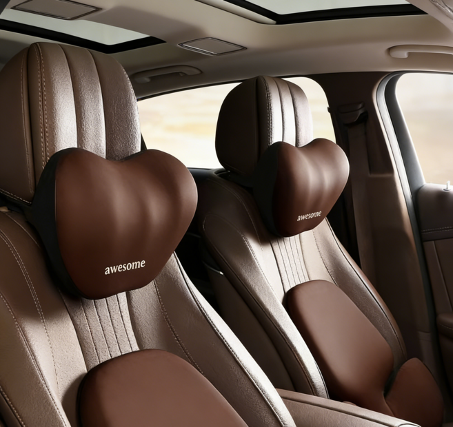 Whh 차량용 가죽 목편한 프리미엄 세이프레더넥 가죽 목쿠션, 2개, 다크 커피색