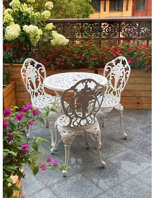 북유럽 야외용 철제 테이블 테라스 정원 발코니 평상 세트, 화이트 60cm 테이블 + 의자3개 세트