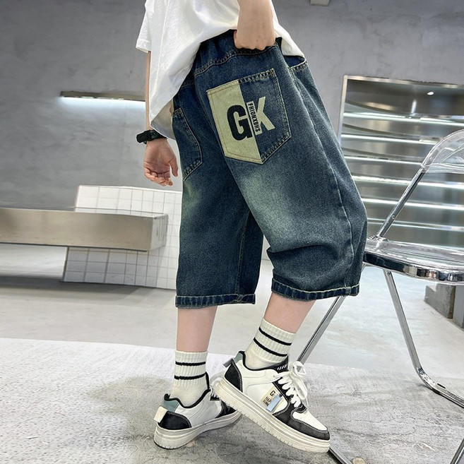 트렌디고 남아 청바지 캐주얼 허리밴드 여름 초등학생 7부 데님팬츠