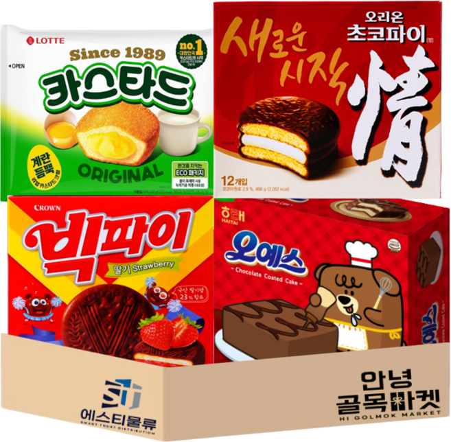 롯데 오리온 크라운 해태 대용량 파이 4종 카스타드 230g(대) 초코파이 468g(대) 오예스360g(대) 빅파이216g(대) 탕비실 대용량 간식 세트, 안녕골목마켓 38번 대용량파이4종, 1개
