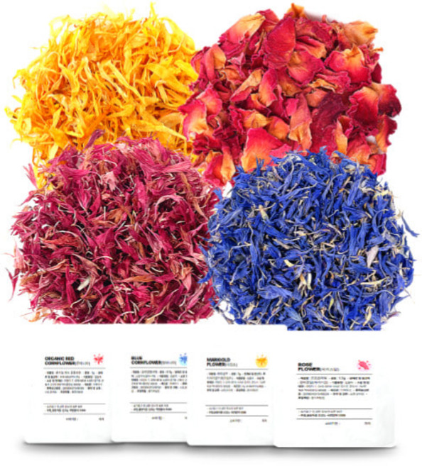 블루(0.7g)레드 (0.7g)옐로우(1g) 장미(1.5g)콘플라워와 마리골드 장미꽃잎 꽃데코(식용꽃)