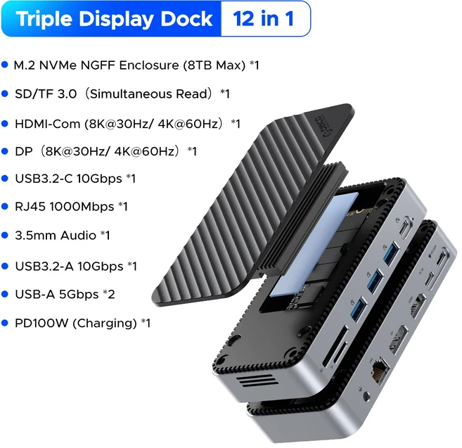 ORICO USB C 디스플레이 허브 냉각 선풍기 포함 M.2 NVMe SATA SSD 인클로저 외장 10Gbps HDMI-Com RJ45, 03 12 IN 1 Display, 03 12 IN 1 Display