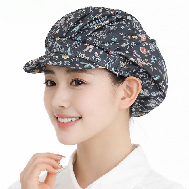 YIEUN 여성용 주방모자 두건 조리 알바 조리모 주방캡 꽃무늬 위생모자, 남색과흰색도자기, 1개