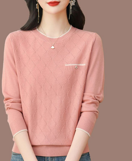 중년 여성 라운드넥 니트 티셔츠 봄 가을 엄마 루즈핏 스웨터 캐주얼 코디 얇은 이너 상의 SJS