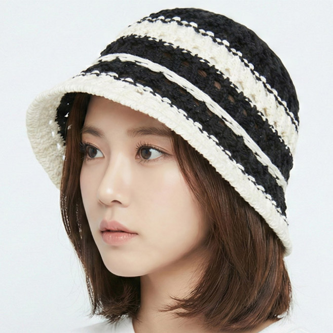 베이직엠 여성 여름모자 버킷햇 컬러풀 스트라이프 여름 니트