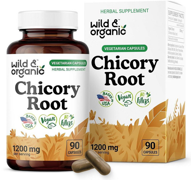 Wild & Organic 치커리 뿌리 캡슐 - 1회 제공량당 파우더 1200mg 소화 및 장 지원 이눌린 섬유 프리바이오틱 보충제 GMO 프리 비건 90개, 1개, 90