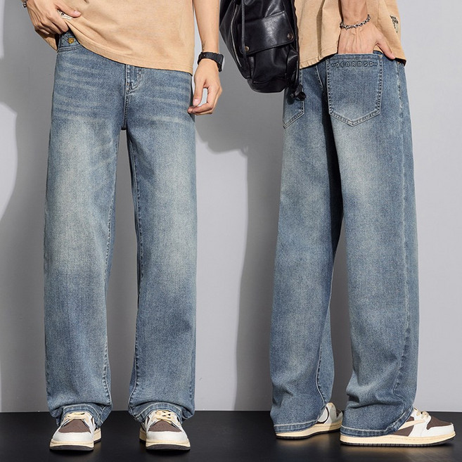 wassup 남자 청바지 스판 일자핏 여름용 와이드 청바지