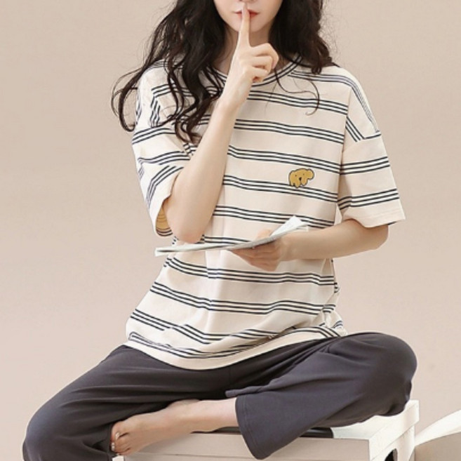 홈웨어 반팔 긴바지 여성 잠옷 라운드넥 수면복 파자마