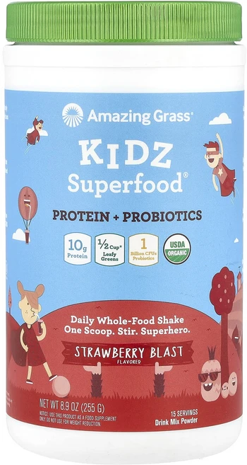 Amazing Grass Kidz Superfood 단백질 + 프로바이오틱스 스트로베리 블라스트 255g(8.9oz), Amazing Grass Kidz Superfoo..., 255g, 1개 - 쿠팡