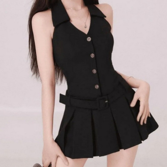 아이엠몽 여성 홀터넥 스타일 카라 포인트 나시 미니 원피스