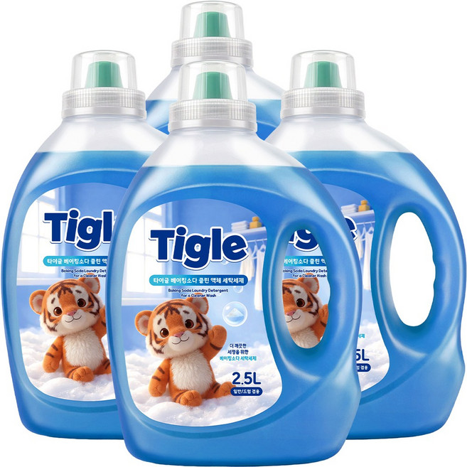 3+1 타이글 베이킹소다 대용량 액체 세탁세제 2.5L 코튼향 일반 드럼 겸용 액상 실내건조, 4개