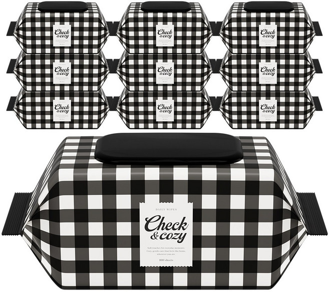 체크앤코지 깅엄체크 클래식 엠보싱 대용량 물티슈 캡형, 10개, 100매, 50g