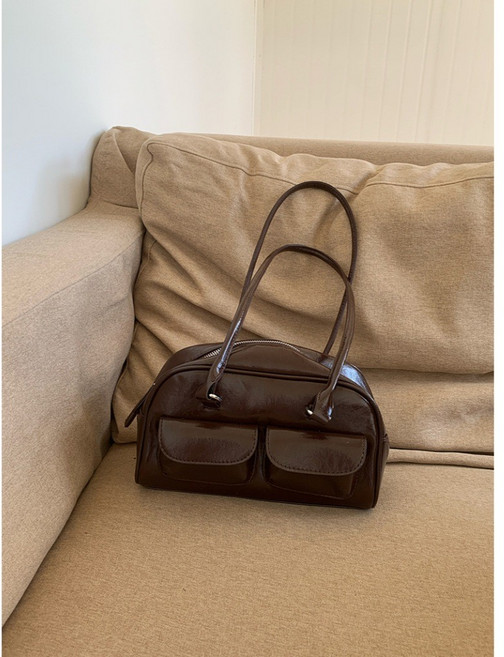 MDMS 復古風雙口袋肩背包 (4色) 質感皮革女包 極簡百搭腋下包 多功能斜挎包, 咖色