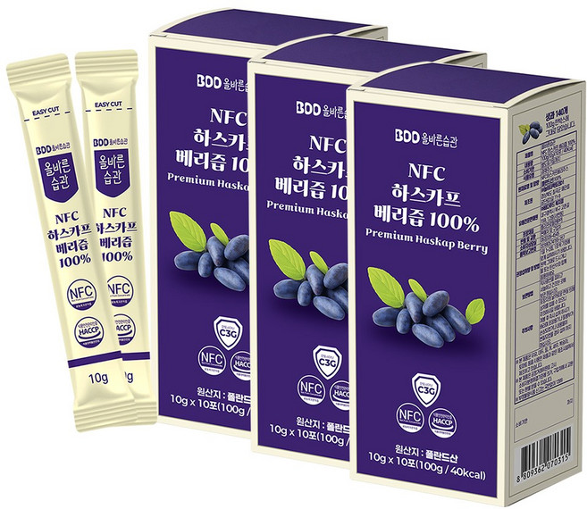 올바른습관 폴란드 NFC 하스카프베리착즙 100% 스틱, 3개, 100g