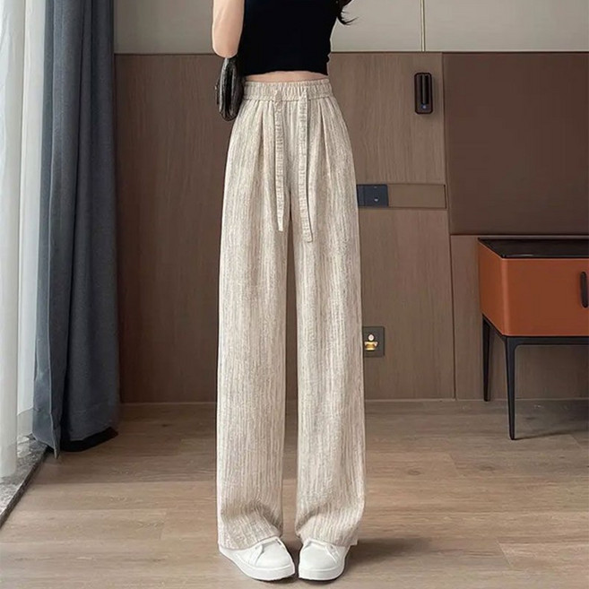 스타일아유 얇은 고급스러운 하이웨스트 봄 여름 루즈핏 와이드 팬츠 여성용 허리 밴딩 끈 조절 바지 LP1043