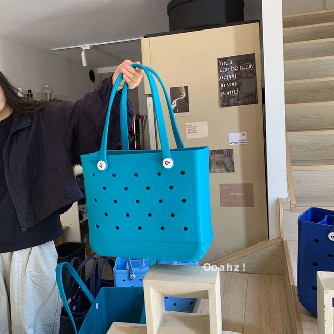 고무 목욕탕 젤리 수영가방 실리콘 6종 바구니 가방 다용도 체크플라워 물놀이가방 목욕가방, 레이크블루 중형