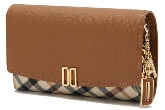 닥스 브라운 체크배색 DD로고 3단 중지갑