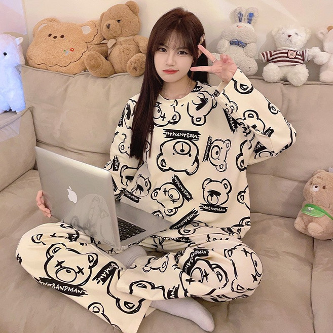 여성 봄 가을 빅사이즈 심플 잠옷 상하세트 긴팔 편안한 귀여운 홈웨어