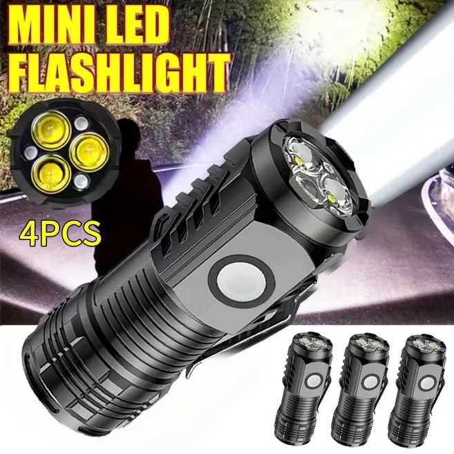 4PCS 세 눈 미니 플래시 슈퍼 파워 손전등 충전식 휴대용 야외 조명 장거리 강력한 라이트, 01 4PCS