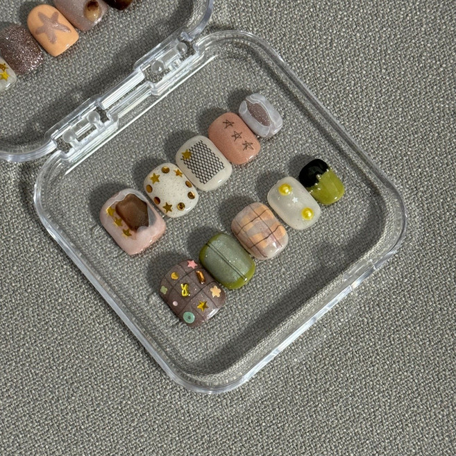 가을 체크 자석네일 뉘앙스 수제네일팁 숏 사이즈 네일아트, 1개