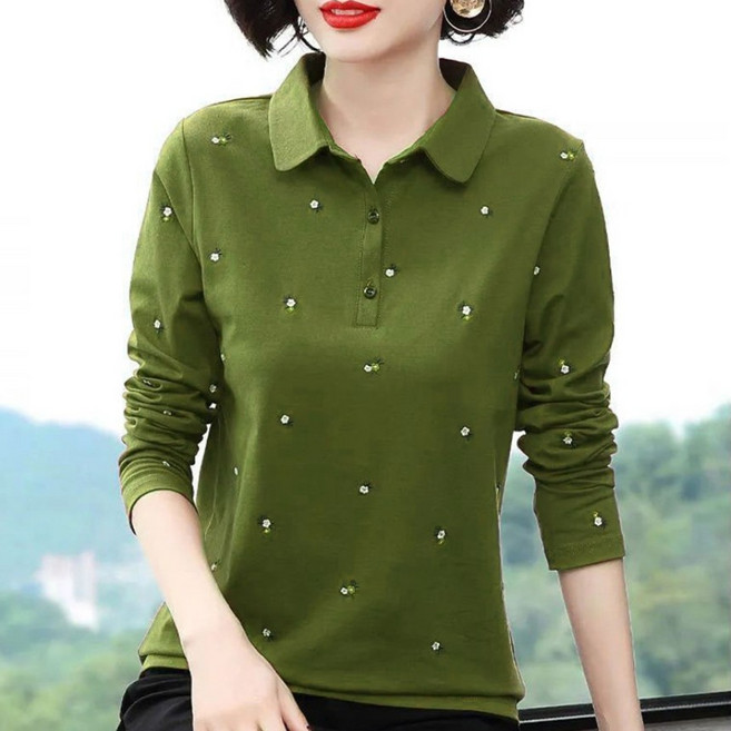 여성용 카라 플라워 포인트 긴팔 티셔츠