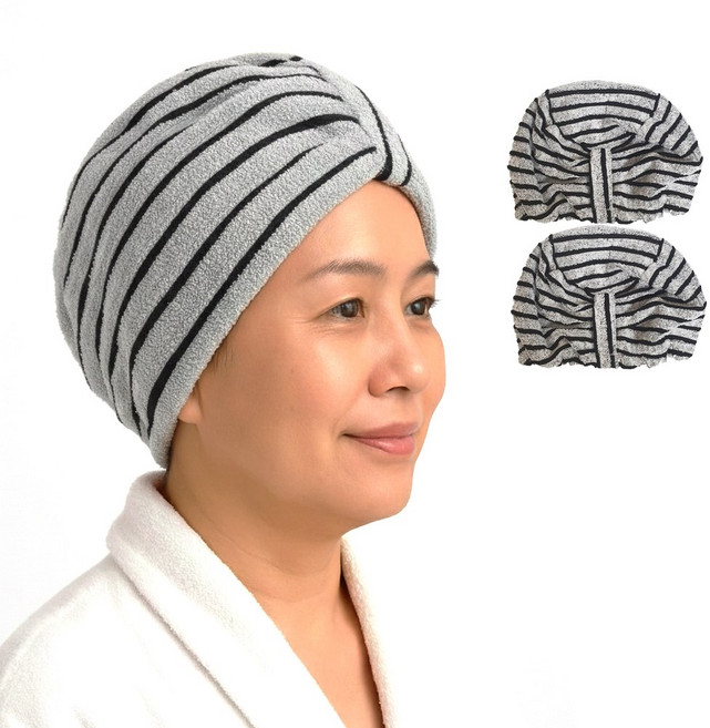 국산 고급 면 사우나 모자 줄무늬 회색 x 2개 헤어캡 샤워캡