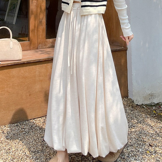 여성용 봄가을 플레어스커트 밴딩 하이웨스트 미디 A라인 플리츠 스커트 슬림소녀