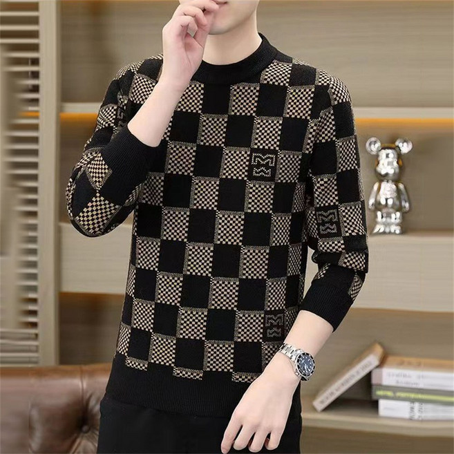 겨울 남성 도톰한 체크 두꺼운 라운드넥 니트JCL
